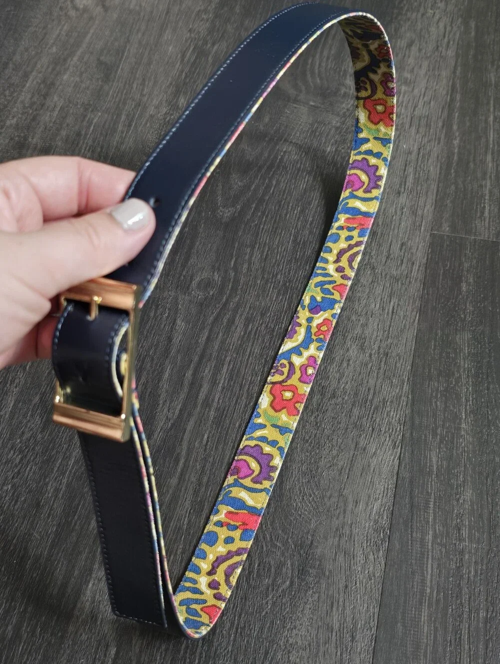 Reversible Belt Navy Leather Abstract Floral Print Gold Buckle Vintage 1